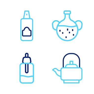 Set line Kettle with handle, Essential oil bottle,  and Spray can for hairspray icon. Vector