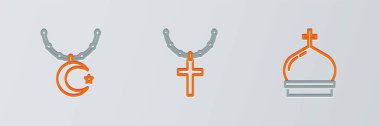Set line Church tower, Star and crescent on chain and Christian cross icon. Vector