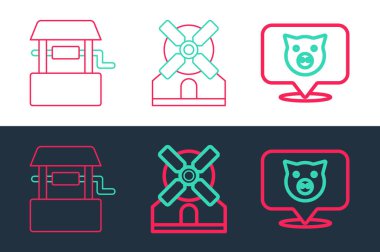 Set line Pig, Well and Windmill icon. Vector