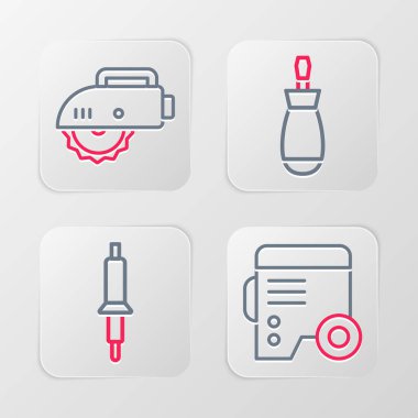 Set line Power electric generator, Soldering iron, Screwdriver and Electric circular saw icon. Vector