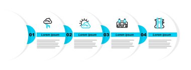 Set line Parachute, Aircraft steering helm, Sun and cloud weather and Storm icon. Vector