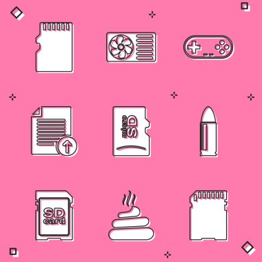 Set Micro SD memory card, Air conditioner, Gamepad, Upload file, and Bullet icon. Vector