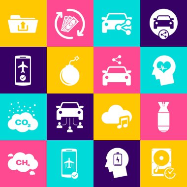 Set Hard disk drive with clockwise, Aviation bomb, Head heartbeat, Car sharing, Bomb ready to explode and Flight mode the mobile icon. Vector
