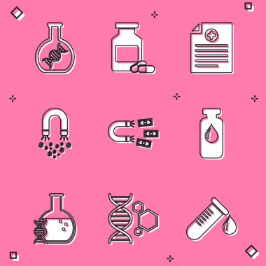 Set DNA research, search, Medicine bottle and pills, Clinical record, Magnet with money, and Medical vial, ampoule icon. Vector