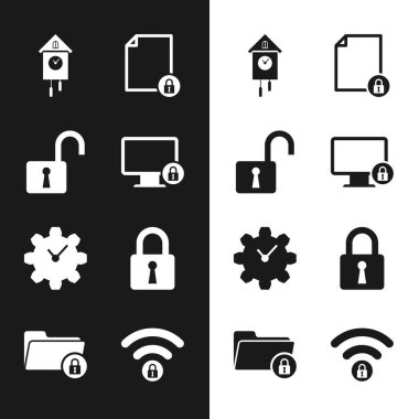 Set Lock on monitor, Open padlock, Retro wall watch, Document and, Time Management and icon. Vector