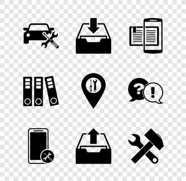Set Car service, Download inbox, Smartphone and book, Mobile, Upload, Crossed hammer wrench, Office folders and Location icon. Vector