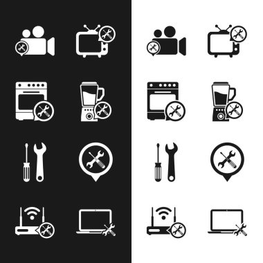 Set Blender service, Oven, Video camera, Tv, Screwdriver and wrench, Location, Laptop and Router wi-fi with icon. Vector