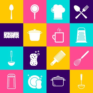Set Kitchen ladle, whisk, Grater, Chef hat, Cooking pot, Sponge with bubbles, Spoon and Coffee cup icon. Vector