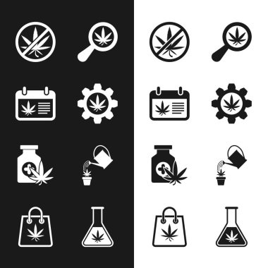 Set Test tube with marijuana, Calendar and, Stop, Magnifying glass, Medical bottle, Watering can,  and Shopping bag of icon. Vector