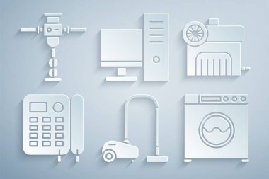 Set Vacuum cleaner, Air compressor, Telephone, Washer, Computer monitor and Construction jackhammer icon. Vector