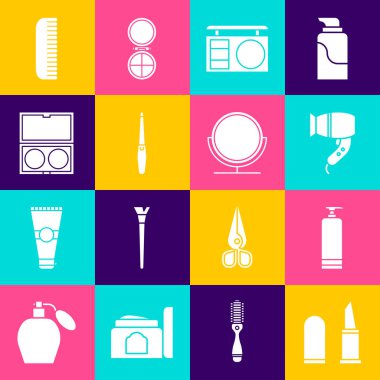 Set Lipstick, Cream cosmetic tube, Hair dryer, Eye shadow palette, Nail file, Makeup powder with mirror, Hairbrush and Round makeup icon. Vector