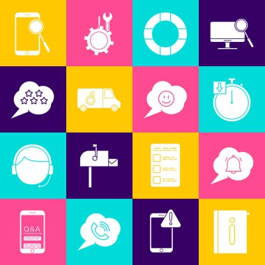 Set User manual, Speech bubble chat notification, Stopwatch, Lifebuoy, Car service, Five stars rating review, Mobile phone diagnostics and with smile face icon. Vector
