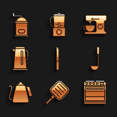 Set Knife, Frying pan, Oven, Kitchen ladle, Kettle with handle, Electric mixer and Manual coffee grinder icon. Vector