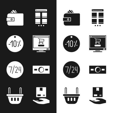 Set Shopping cart on computer, Ten discount percent tag, Wallet with paper money cash, Online shopping mobile, Clock 24 hours, Paper, Delivery hand boxes and basket icon. Vector