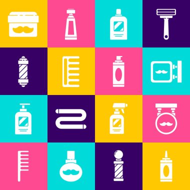 Set Bottle of shampoo, Barbershop, Hairbrush, Classic pole, Cream or lotion cosmetic jar and Shaving gel foam icon. Vector