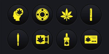 Set Marijuana joint, and cannabis store, olive oil, leaf, Ashtray, Calendar marijuana and Head with icon. Vector