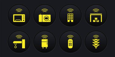 Set Smart water tap, warehouse, refrigerator, remote control, home with wireless, photo camera, traffic light and microwave oven icon. Vector