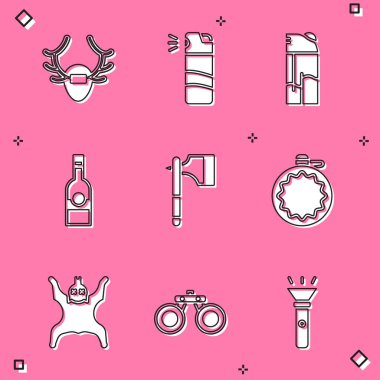 Set Deer antlers on shield, Pepper spray, Lighter, Bottle of vodka, Wooden axe, Canteen water bottle, Bear skin and Binoculars icon. Vector