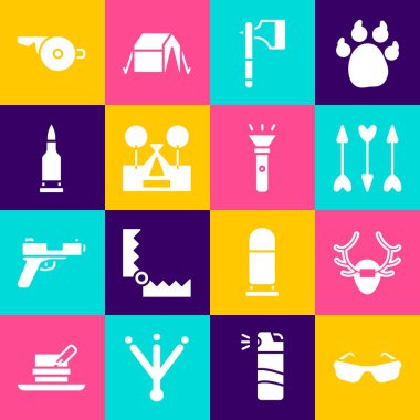 Set Glasses, Deer antlers on shield, Hipster arrows, Wooden axe, Tourist tent, Bullet, Whistle and Flashlight icon. Vector