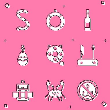 Set Worm, Lifebuoy, Bottle of vodka, Fishing spoon, Spinning reel for fishing, Swiss army knife, Hiking backpack and Crab icon. Vector