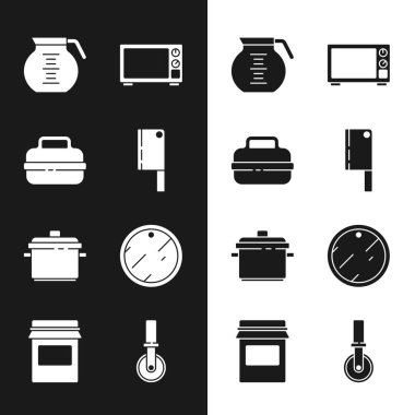 Set Meat chopper, Cooking pot, Coffee, Microwave oven, Cutting board, Pizza knife and Jam jar icon. Vector