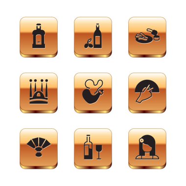 Set Orujo, Fan flamenco, Wine bottle with glass, Spanish wineskin, Sagrada Familia, Churros and chocolate, woman and Bottle of olive oil icon. Vector