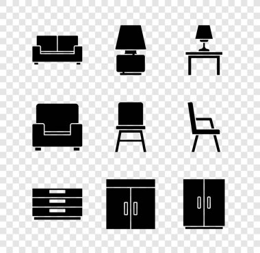 Set Sofa, Table lamp, on table, Chest drawers, Wardrobe, Armchair and Chair icon. Vector