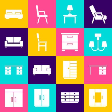 Set Wardrobe, Office desk, Chandelier, Table lamp on table, Chair, Sofa, Big bed and Furniture nightstand icon. Vector