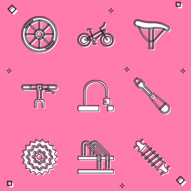 Set Bicycle wheel, seat, handlebar, lock, Screwdriver, cassette and parking icon. Vector