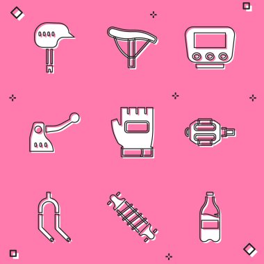 Set Bicycle helmet, seat, speedometer, brake, Gloves, pedal, fork and suspension icon. Vector
