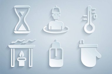 Set Essential oil bottle, Sauna thermometer, Aroma candle, mittens, Man in sauna and hourglass icon. Vector