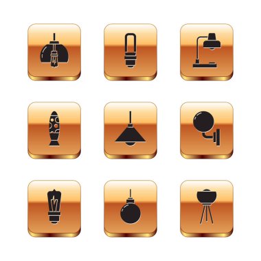 Set Chandelier, Light bulb, Lamp hanging, Floor lamp, Table,  and LED light icon. Vector