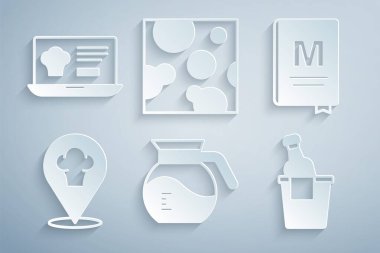 Set Coffee pot, Restaurant cafe menu, Chef hat with location, Champagne in ice bucket, Cheese and Online ordering and delivery icon. Vector