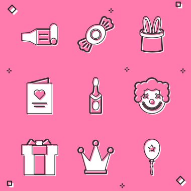 Set Birthday party horn, Candy, Magician hat rabbit ears, Postcard with heart, Champagne bottle, Clown head, Gift box and Crown icon. Vector