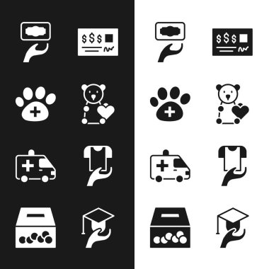 Set Donate child toys, Veterinary clinic, Donation and charity, Bank check, Ambulance car, Clothes donation, Education grant and  icon. Vector