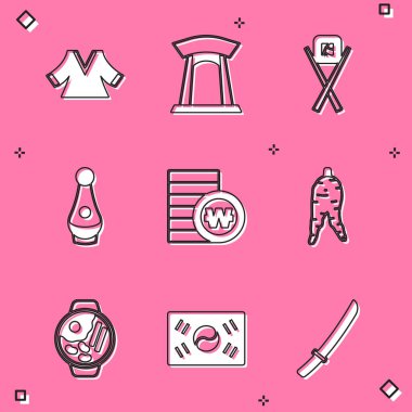 Set Kimono, Korean gate, Sushi with chopsticks, Soju bottle, South won coin, Ginseng root, Ramen and flag icon. Vector