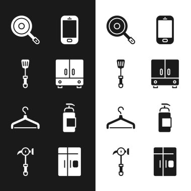 Set Wardrobe, Spatula, Frying pan, Mobile phone, Hanger wardrobe, Antibacterial soap, Refrigerator and Hammer icon. Vector