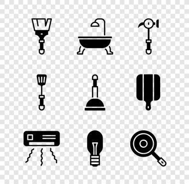 Set Paint brush, Bathtub, Hammer, Air conditioner, Light bulb, Frying pan, Spatula and Rubber plunger icon. Vector
