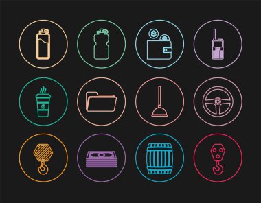 Set line Industrial hook, Steering wheel, Wallet with coin, Folder, Coffee cup, Sport bottle water, Rubber plunger and  icon. Vector
