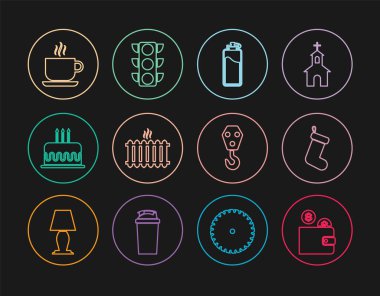 Set line Wallet with coin, Christmas sock, Sport bottle water, Heating radiator, Cake burning candles, Coffee cup, Industrial hook and Traffic light icon. Vector
