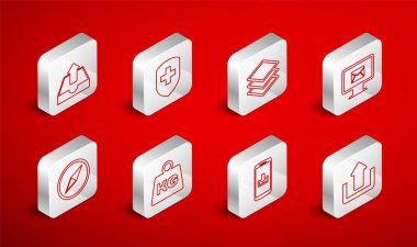 Set line Upload, Medical shield with cross, Layers, Monitor and envelope, Smartphone download, inbox, Weight and Wind rose icon. Vector