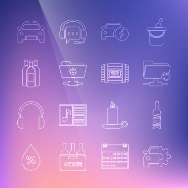 Set line Car service, Bottle of wine, FTP sync refresh, Electric car, settings folder, Bottles, Police and flasher and Wooden barrel for icon. Vector