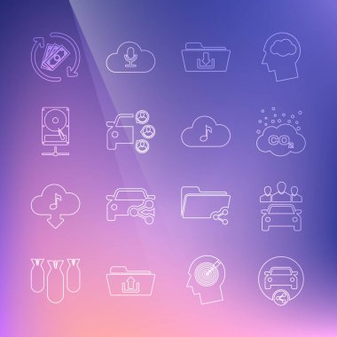 Set line Car sharing, CO2 emissions cloud, Folder download, Hard disk drive network, Refund money and Music streaming service icon. Vector