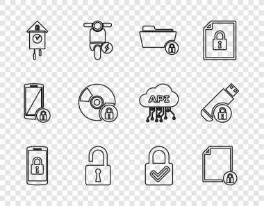 Set line Smartphone with lock, Document and, Folder, Open padlock, Retro wall watch, CD or DVD disk, Lock check mark and USB flash drive icon. Vector