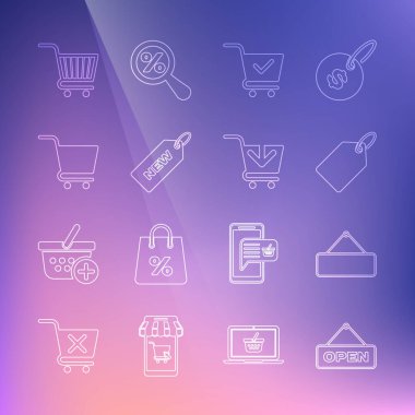 Set line Hanging sign with Open door, Signboard hanging, Label template price tag, Shopping cart check mark, Price New,  and Add to icon. Vector