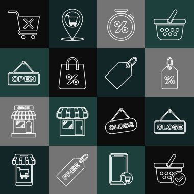 Set line Shopping basket with check mark, Hanging sign Close, Discount percent tag, Stopwatch and, bag, Open door, Remove shopping cart and Label template price icon. Vector