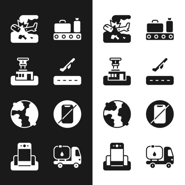 Set Plane takeoff, Airport control tower, crash, Conveyor belt with suitcase, Worldwide, No cell phone, Fuel tanker truck and Metal detector in airport icon. Vector