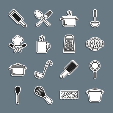 Set line Cooking pot, Frying pan, soup, Coffee cup, Chef hat and fork, Grater and  icon. Vector