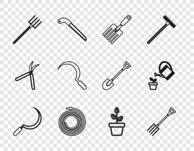 Set line Sickle, Garden pitchfork, hose fire hose, Flowers in pot and Watering can icon. Vector