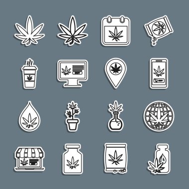Set line Marijuana or cannabis leaf oil, Legalize marijuana, Online buying, Calendar and, Cup coffee with,  and Location icon. Vector